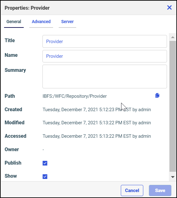 The General tab on the Properties Panel that displays the I. B. F. S. path field and I.B.F.S location of the item.