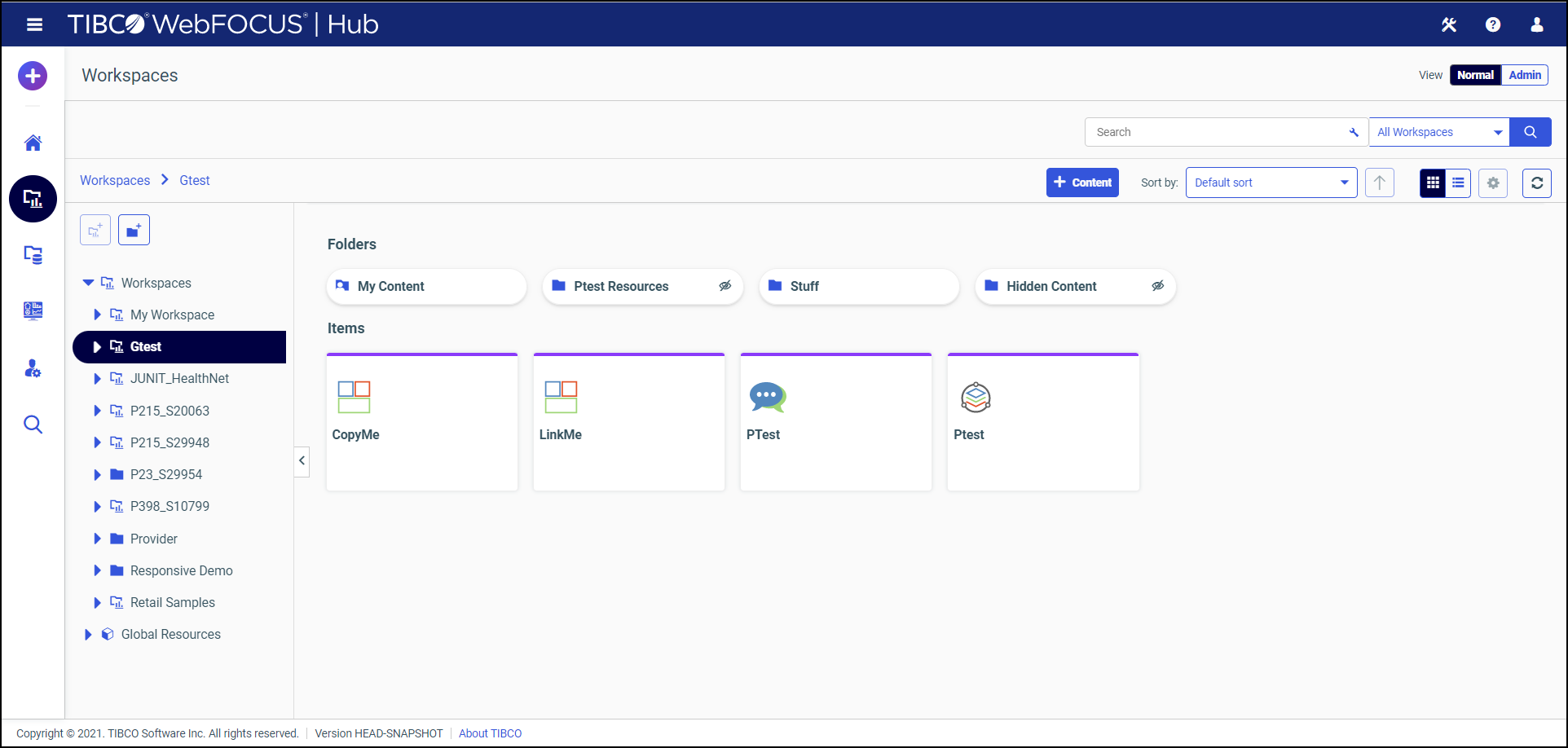 The Workspaces area showing an individual workspace with folders.