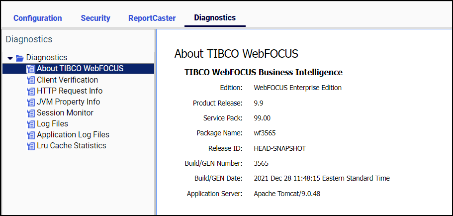 The About WebFOCUS page displaying information about the current release.