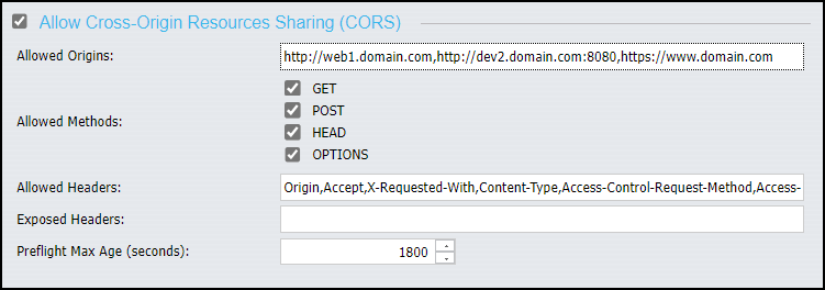 The Allow Cross-Origin Resource Sharing (CORS) section of the Cross-Origin Settings dialog box with CORS settings activated.