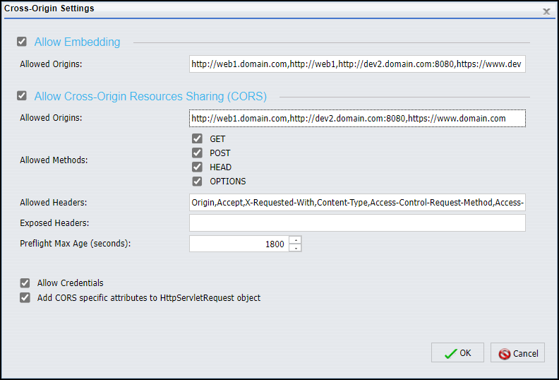 The Cross-Origin Settings dialog box with the default settings for all fields and check boxes.