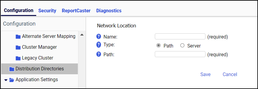 The Network Location Page for a new distribution directory node showing the Name, Type, and Path fields.