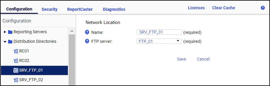 The Network Location page showing a distribution directory node configuration mapped to an FTP Server.