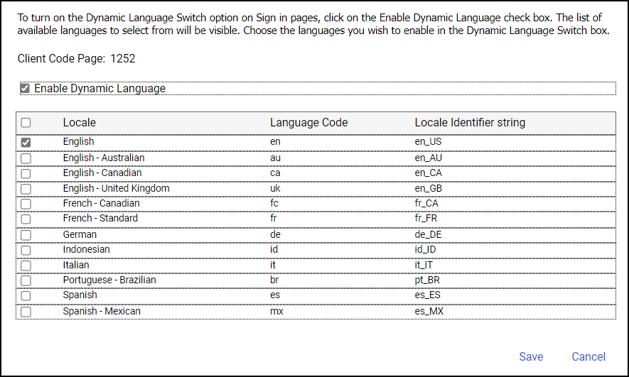 The Enable Dynamic Language check box and table of Locales