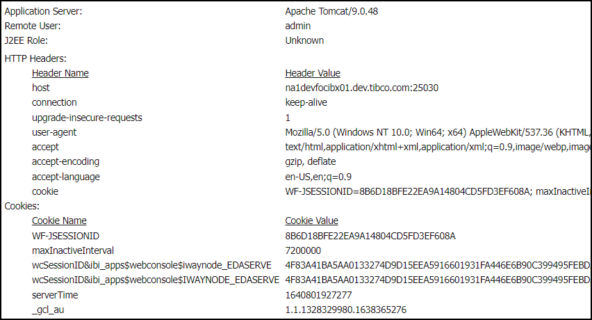 The Http Request Info page displaying the current values assigned to fields in the HTTP Header.