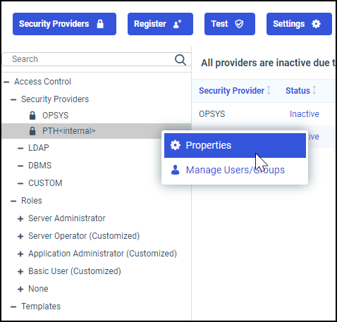 The Access Control folders with the PTH Internal active folder shortcut menu and the Properties command.