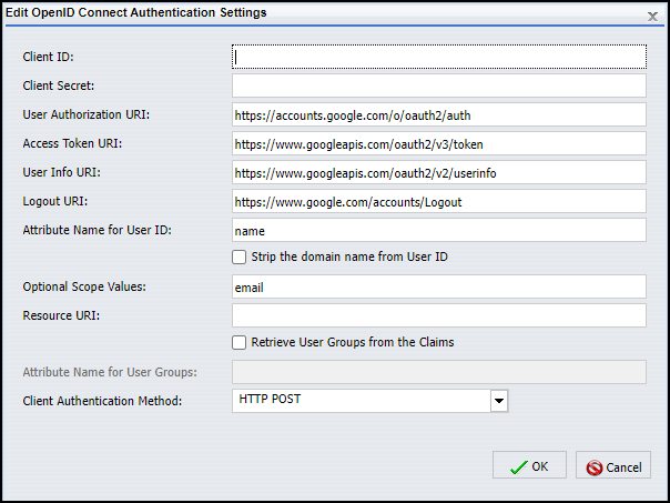 The Edit OpenID Connect Authentication Settings dialog box configured with the default endpoints for Google OpenID Connect.