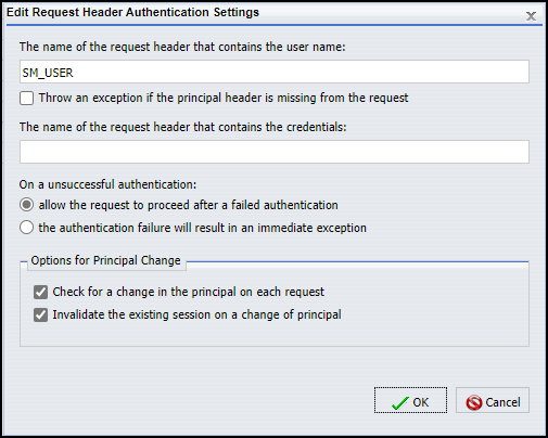 The Edit Request Header Authentication dialog box.