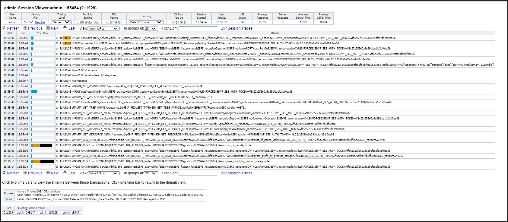 The main page of the Session Viewer displaying session traces and links to other sessions.