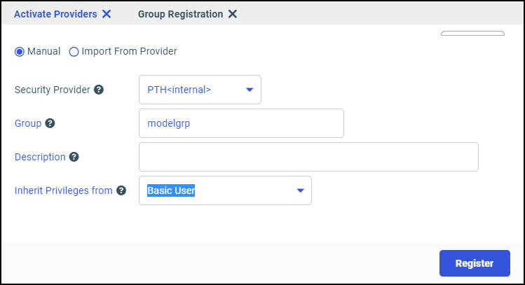 Group Registration tab showing the modelgrp group configured for registration.