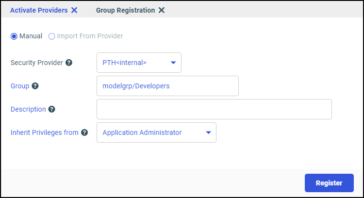 roup Registration tab showing the modelgrp group configured for registration.