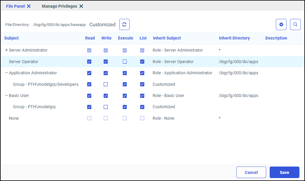 The Managed Privileges page for the baseapp application with the Application Administrator and Basic User privileges shown.