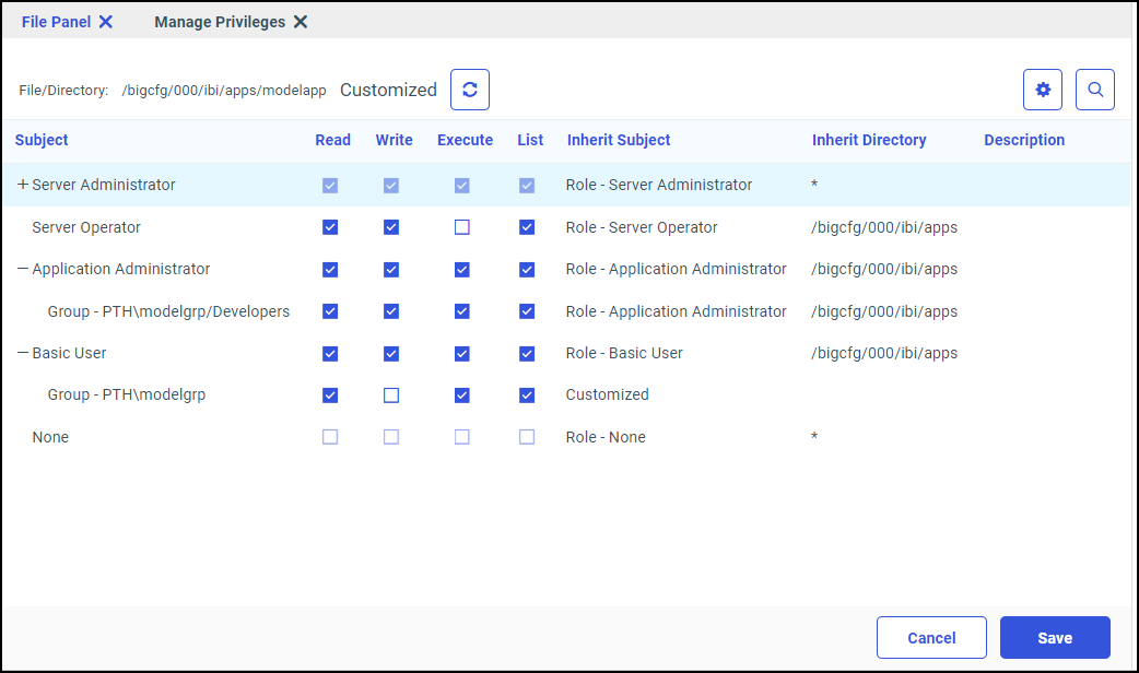 The Managed Privileges page with privilege check boxes for the Application Administrator and Basic User selected.