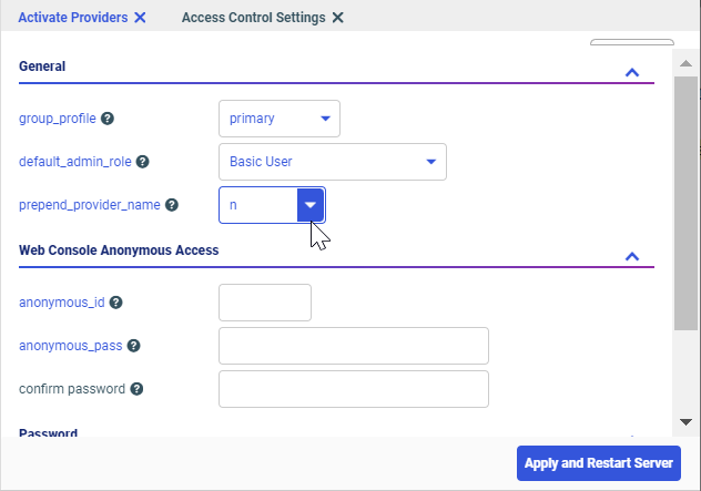 The Access Control Settings page with the prepend provider name field set to n.