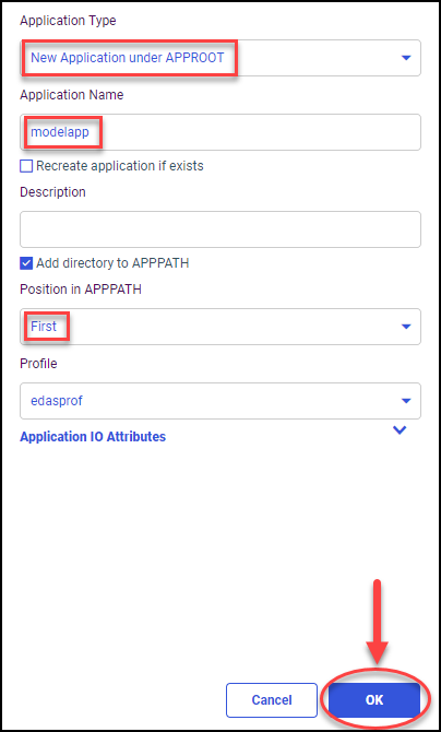 The Create New Application page with the New Application under APP ROOT Application Type, the modelapp Application Name, and the First Position in APP PATH.