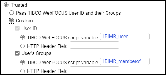 The Custom Option on the Client Configuration page, and the configuration of check boxes and settings beneath it. This option includes the USER ID check box with the default WebFOCUS script variable assignment, IBIMR_user, and the User’s Groups check box, with the default WebFOCUS script variable assignment, IBIMR_memberof.