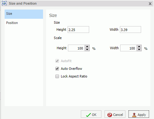 Size and Postion Dialog Box