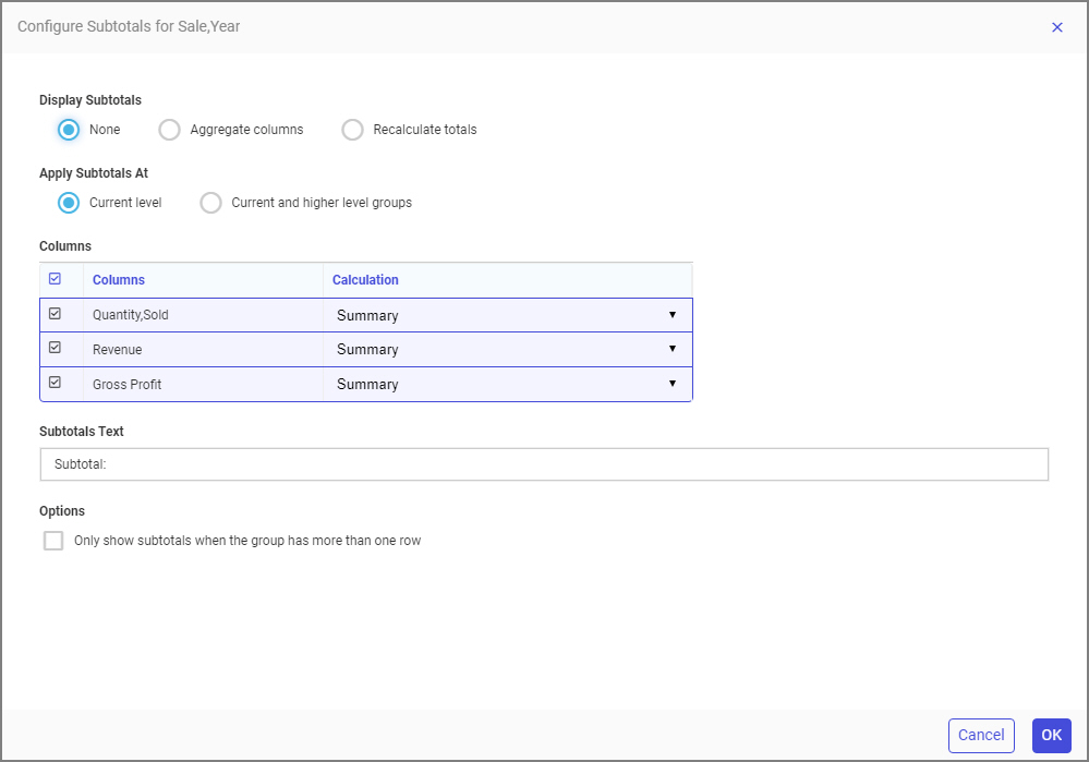 Configure Subtotals dialog box