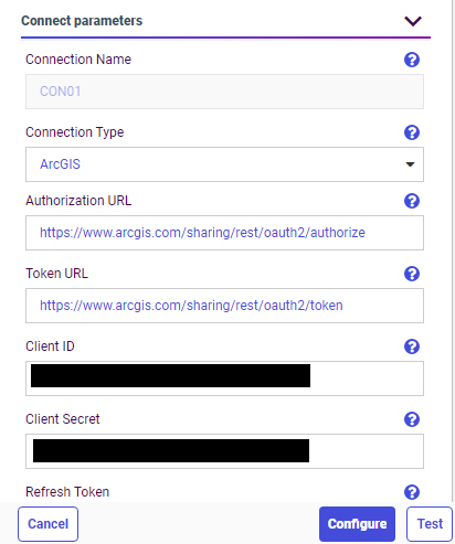 Connection parameters for ESRI ArcGIS adapter