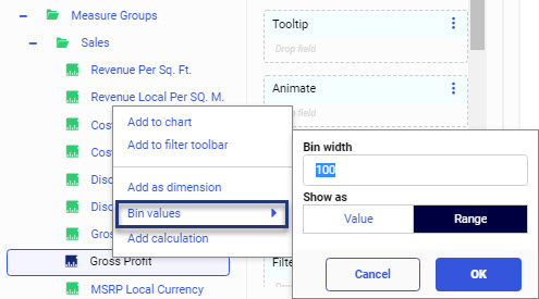 Shortcut menu binning options