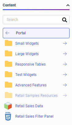 Content tab Resources panel showing Portal folder