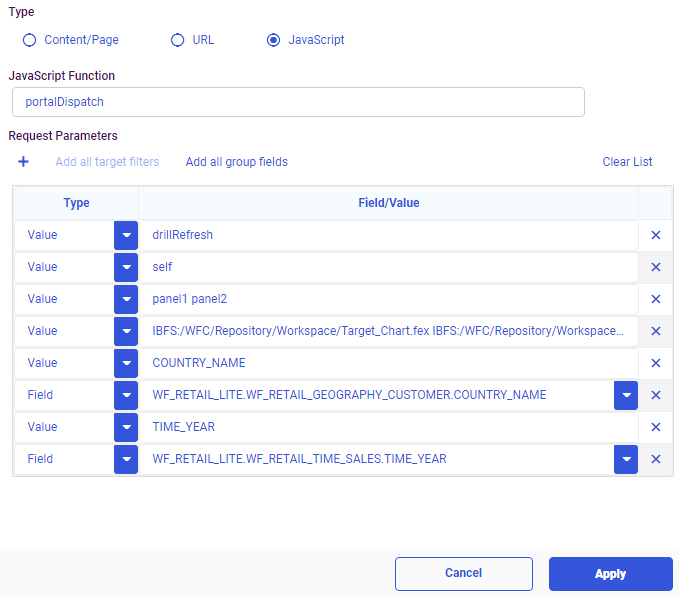 JavaScript drilldown function name and parameters