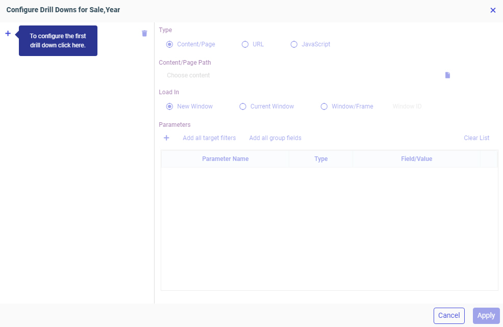 Configure Drill Downs dialog box