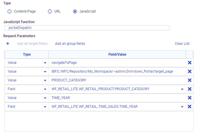 Parameters set in Configure Drill Downs dialog box