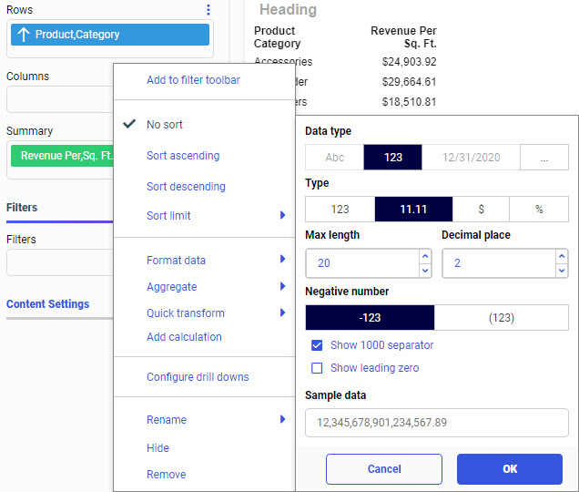 Right-clicking the field in the Measure bucket