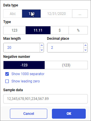 Selecting the numeric data type