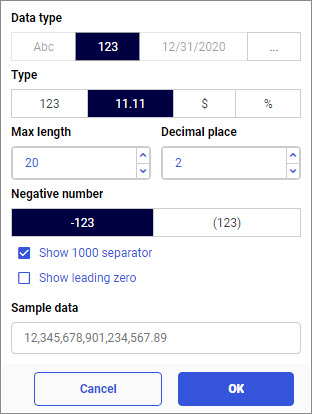 field format options for a numeric field