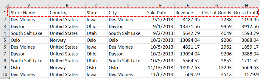 Worksheet example with a title row