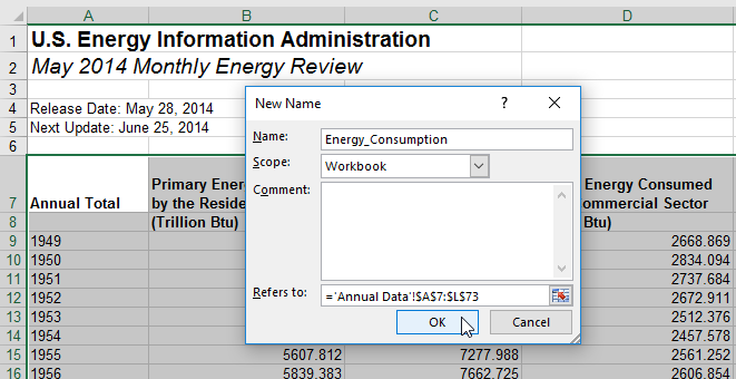 Worksheet example showing a defined data range