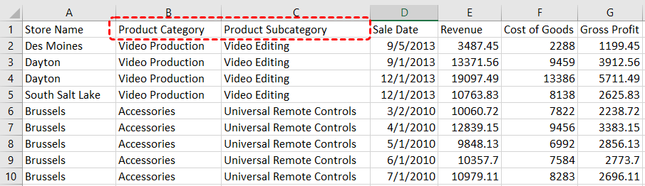 Worksheet example with hierarchical columns