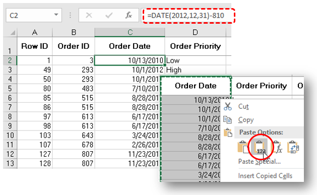 Worksheet example showing the decomposition of dates