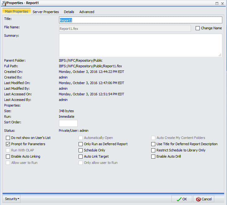 Properties dialog box for report procedures