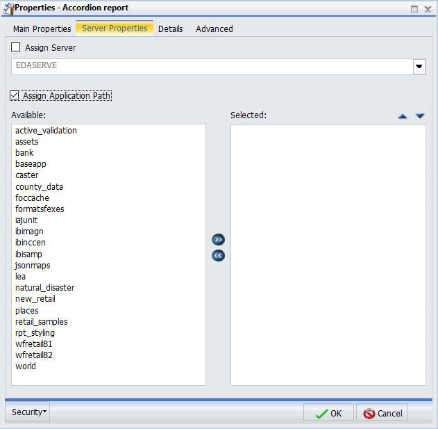 Reporting Objects properties Server Properties tab