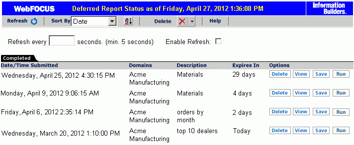 Deferred Report Status window