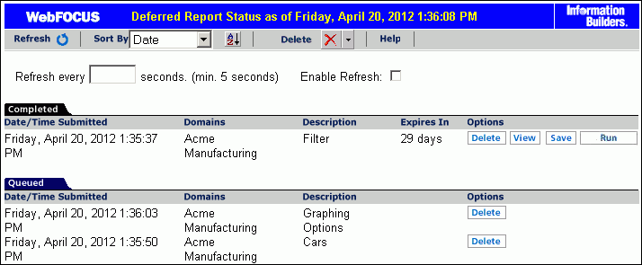 Deferred Report Status window