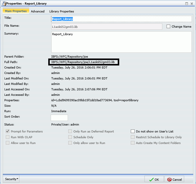 The Library Report properties window. The full path URL from the properties of the selected library repot is highlighted.