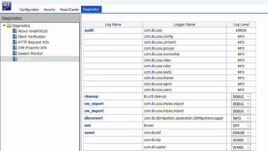 Log Files list in Administration Console Diagnostics tab