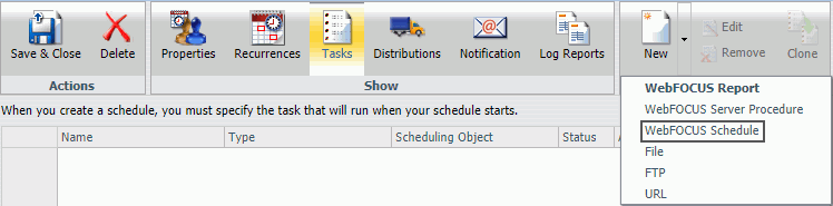 The Tasks tab in the Advanced Scheduling tool. The drop-down arrow menu for the New button is shown.