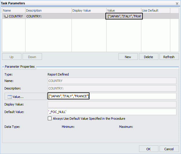 An image showing the Task Parameters dialog box. The Country parameter is selected.