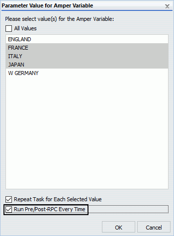 The Parameter Value for Amper Variable dialog box. The Run Pre/Post-RPC Every Time checkbox has been selected.