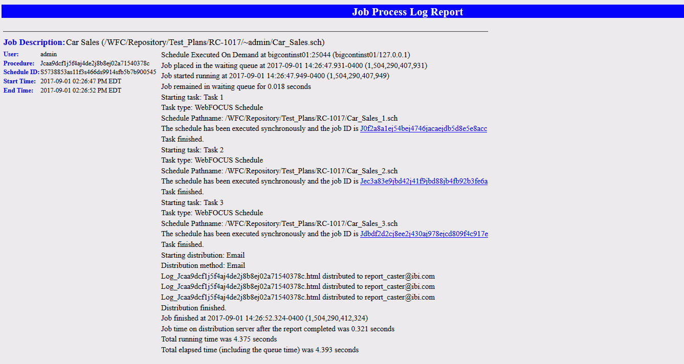 An image showing a log created by a schedule that uses a WebFOCUS Schedule task