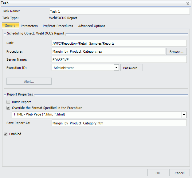 The WebFOCUS Report Task dialog box in the Advanced Scheduling Tool. The General tab has been selected