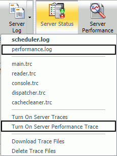 An image showing the performance log and Turn On Server Performance Trace option in the ReportCaster Console