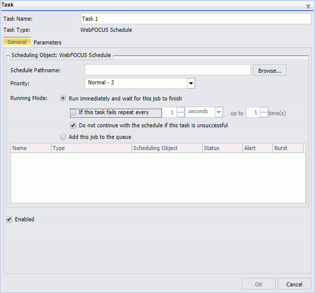 The WebFOCUS Schedule task dialog box.