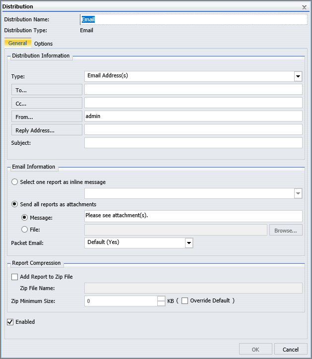 The Advanced Schedule Email distribution dialog box.