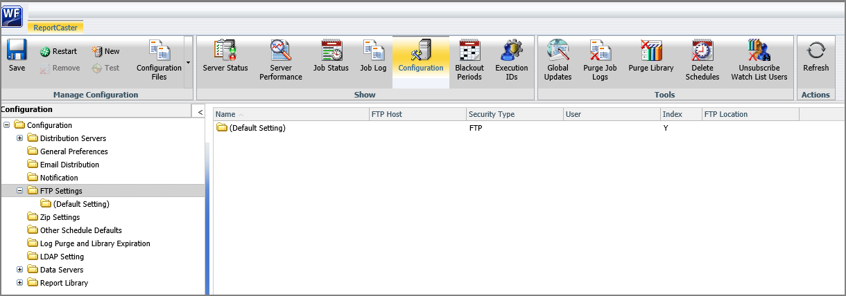 The FTP Settings folder expanded to show the (Default Settings) folder in the left pane, with the list showing the (Default Setting) summary.